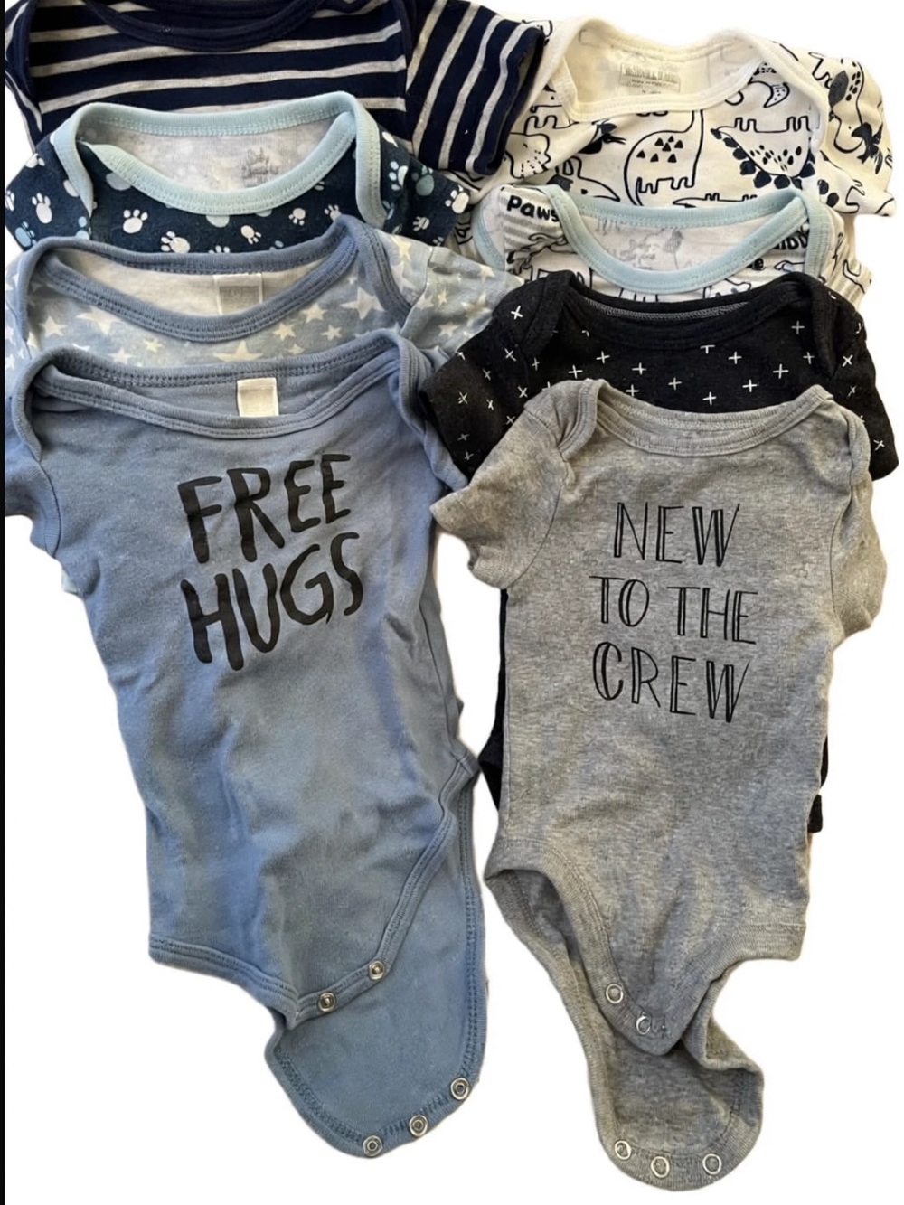 Set of 8 - Mix of Blue and Gray Baby One-Pieces - New to the Crew & Free Hugs